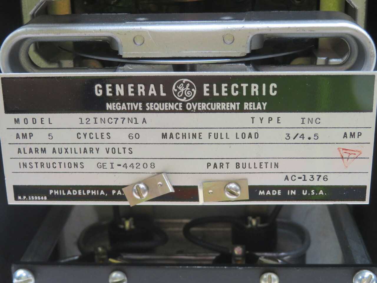 GE 12INC77N1A NEGATIVE SEQUENCE OVERCURRENT RELAY T211688 - ELECTRICAL COMPONENTS