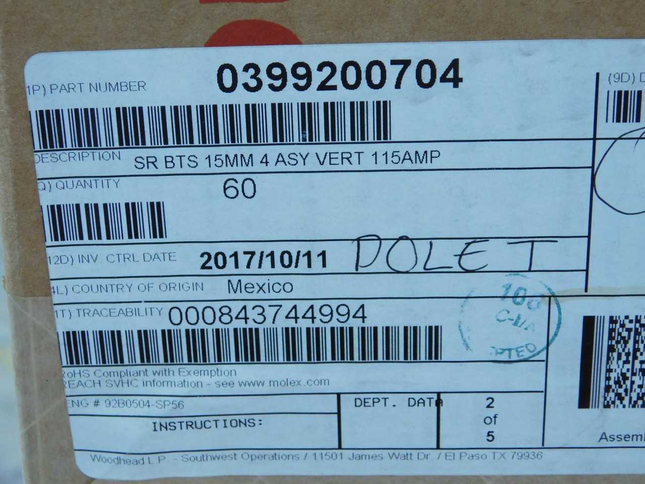 LOT OF 55 MOLEX 0399200704 TERM BLK 4P SIDE ENTRY 15MM PCB
T153162 - TERMINAL BLOCKS