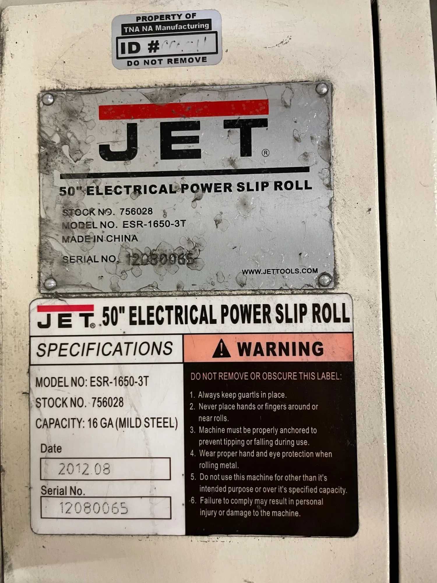 2012 JET ESR-1650 PLATE BENDING ROLLS, 50" ROLL LENGTH, 16 GAUGE, 3" ROLL DIA - PLATE BENDING ROLLS
