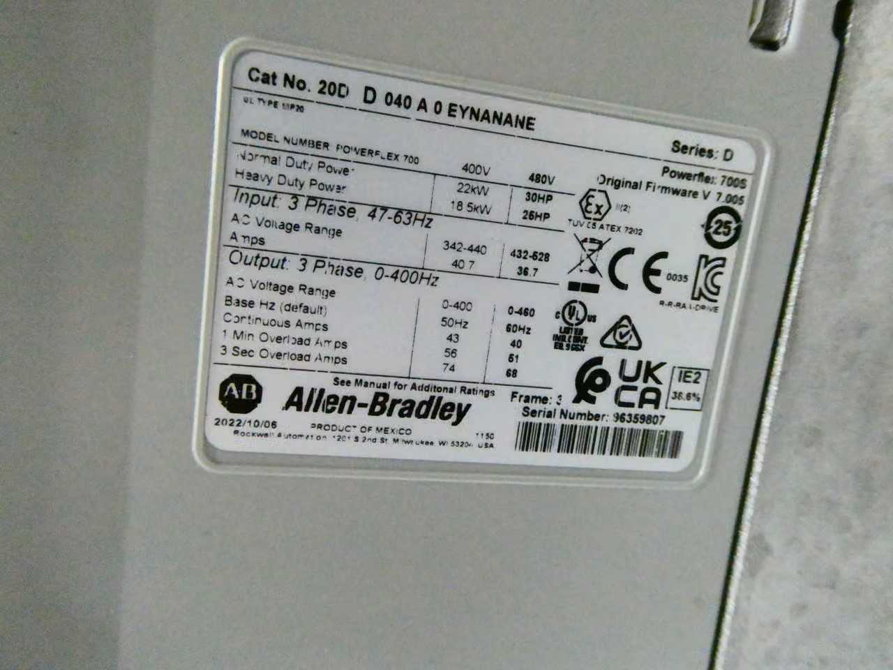 Allen Bradley 20DD040A0EYNANANE Powerflex 700S AC VFD Drive - AC VFD DRIVES
