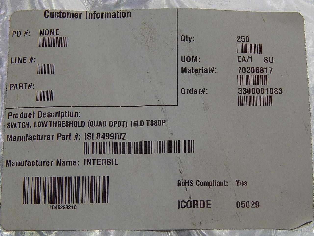 LOT OF 250 INTERSIL ISL8499IVZ ANALOG SWITCH ICS W/ ANNEAL LW DPDT SWITCH 16LD TSS T88451 - SWITCHES