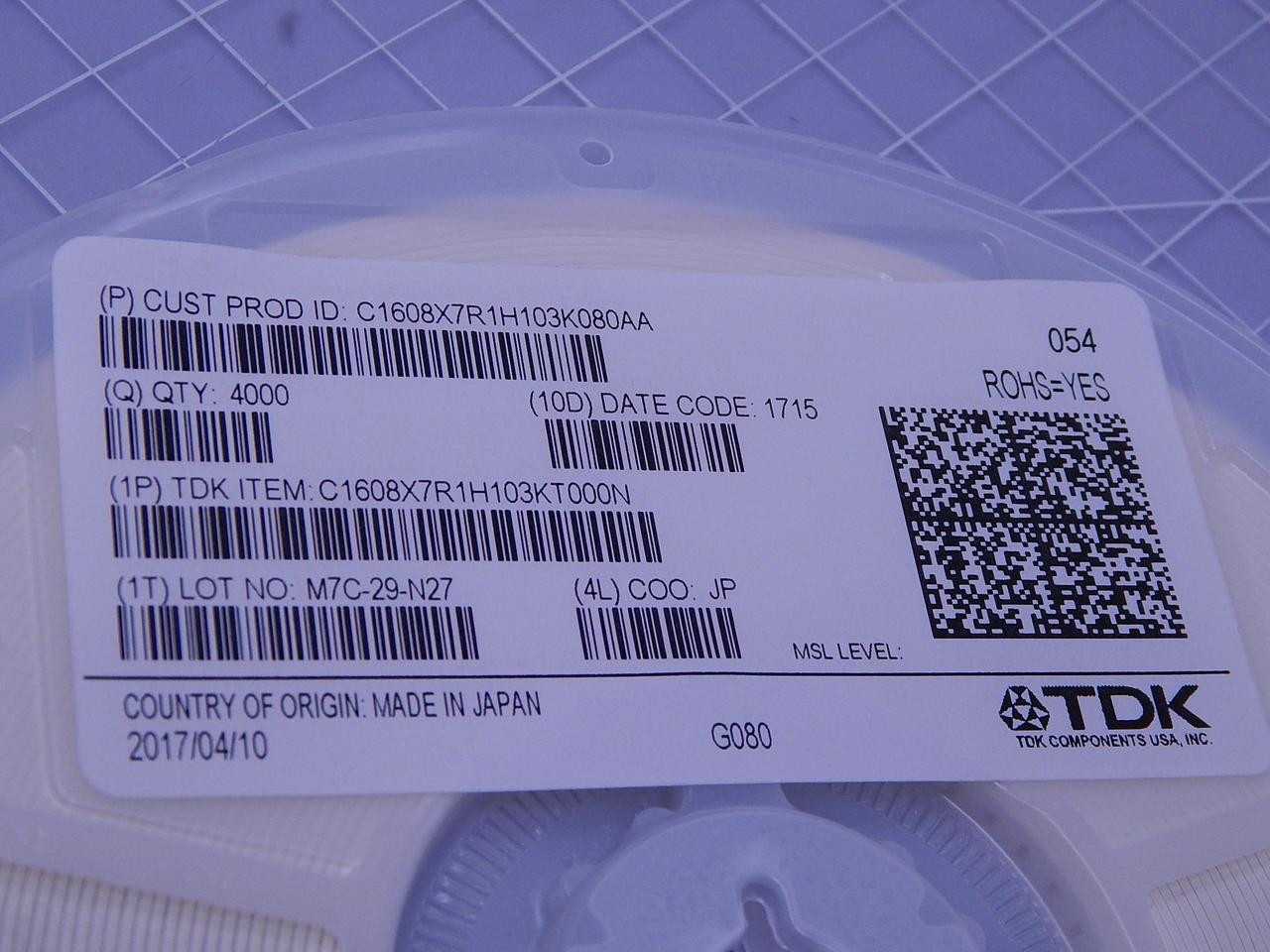 LOT OF 4000 TDK C1608X7R1H103K080AA MULTILAYER CERAMIC CAPACITORS MLCC - SMD/SMT 0603 0.01 UF 50 VOL - ELECTRICAL COMPONENTS