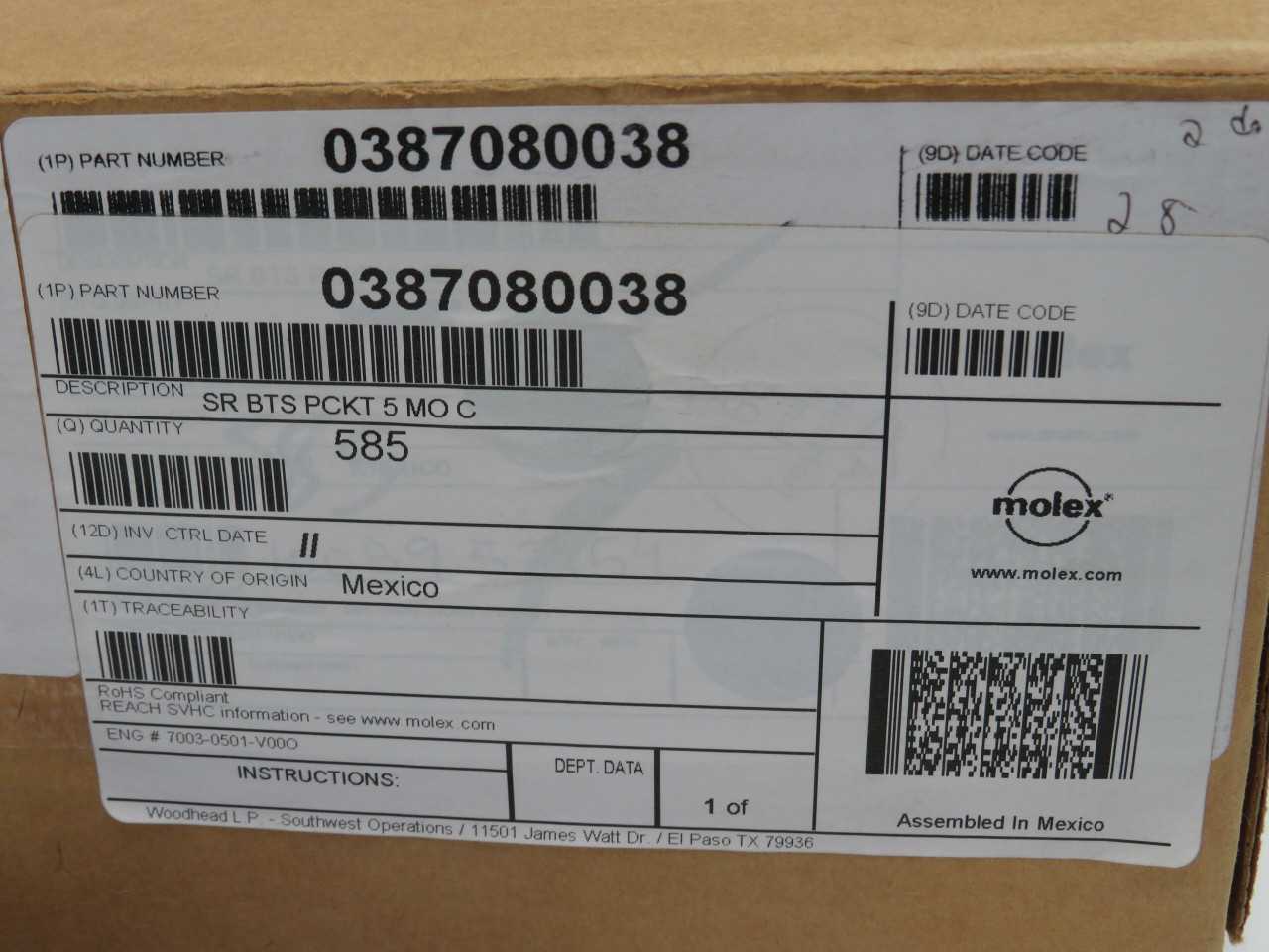 LOT OF 500 MOLEX 0387080038 TERMINAL BLOCKS SR BTS PCKT 5MO C T174725 - TERMINAL BLOCKS