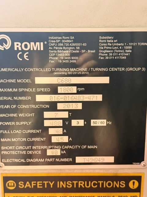 2013 Romi C680 CNC Flat Bed Lathe With Chip Conveyor, 1000 RPM, 30 kW Spindle Power - CNC LATHES