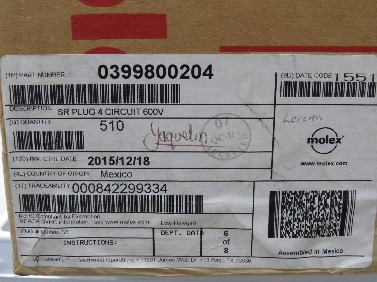 Lot Of 500 Molex 0399800204 SR Plug 4 Circuit 600V T154063 - TERMINAL BLOCKS
