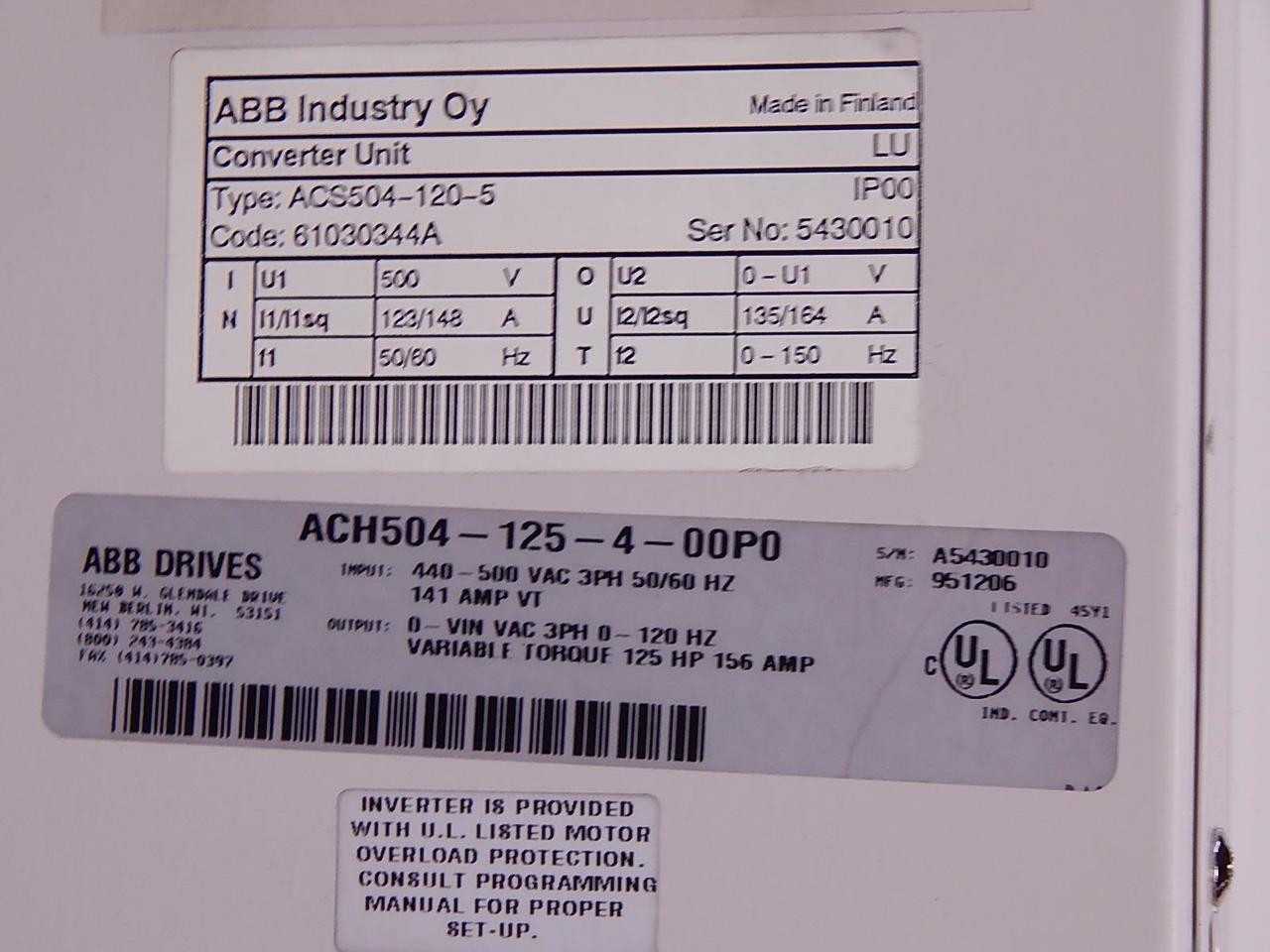 ABB ACS504-1250-5 ACH504-125-4-00P0 CONVERTER UNIT - AC VFD DRIVES