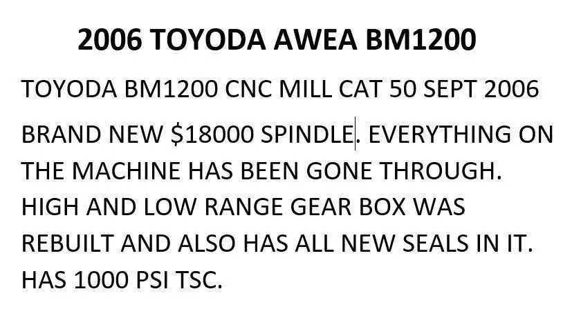 2006 Toyoda AWEA BM1200 Vertical Machining Center, 20 HP, Fanuc Control, 6000 RPM - VERTICAL MACHINING CENTERS