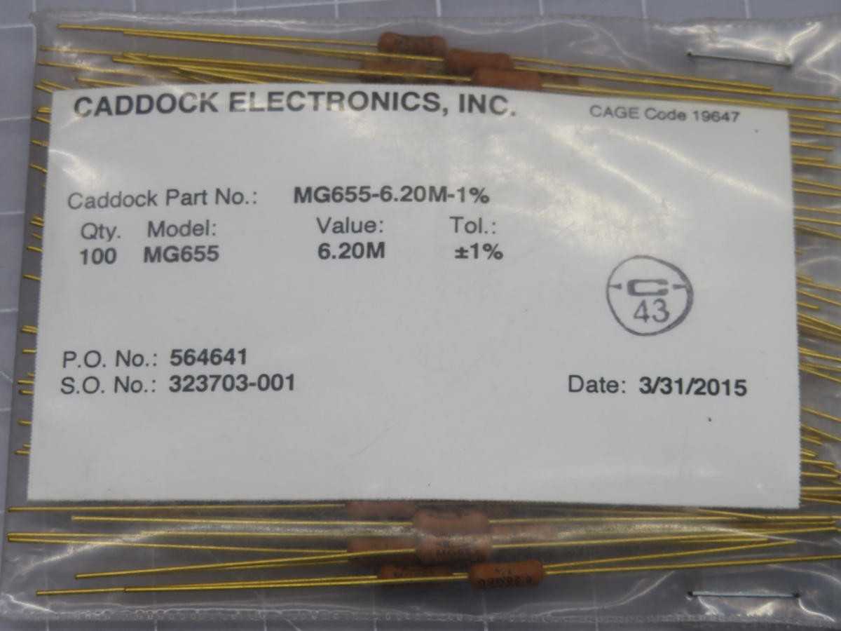 LOT OF 100 CADDOCK MG655-6,20M-1% MG655
FILM RESISTORS T220230 - ELECTRICAL COMPONENTS