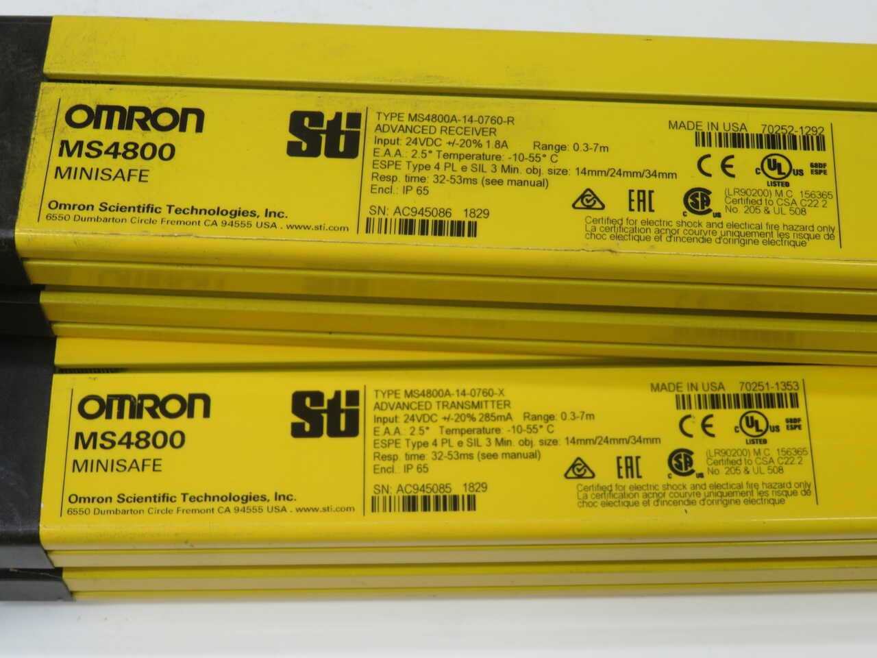 OMRON MS4800A-14-0760-X MS4800A-14-0760-R LIGHT CURTAIN RECEIVER TRANSMITTER PAIR - SENSORS