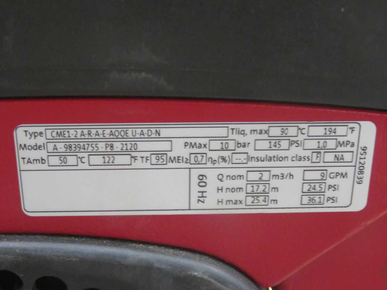 GRUNDFOS CME1-2 A-R-A-E-AQQE U-A-D-N A-98394755-P8-2120 HORIZONTAL END-SUCTION PUMP T270524 - MULTI-STAGE PUMP