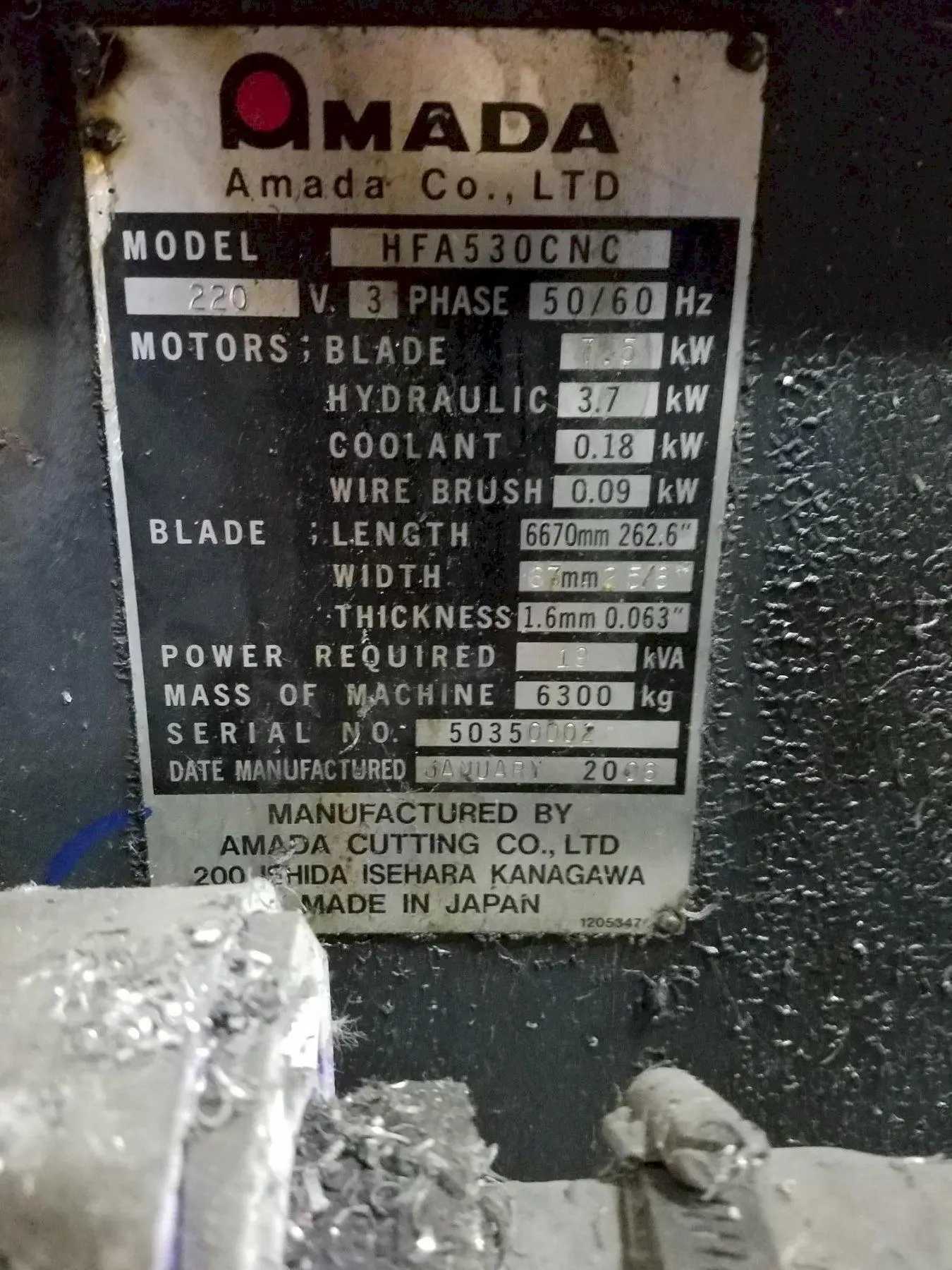 Amada Model HFA530CNC Automatic Horizontal Bandsaw, 10 HP, CNC Control, 220V 3-Phase - HORIZONTAL BAND SAWS