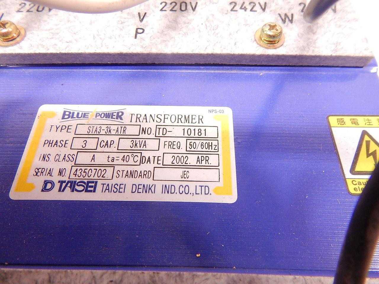 BLUE POWER TAISEI STA3-K3-ATR 3KVA TRANSFORMER T77199 - AUTOMATION & CONTROLS