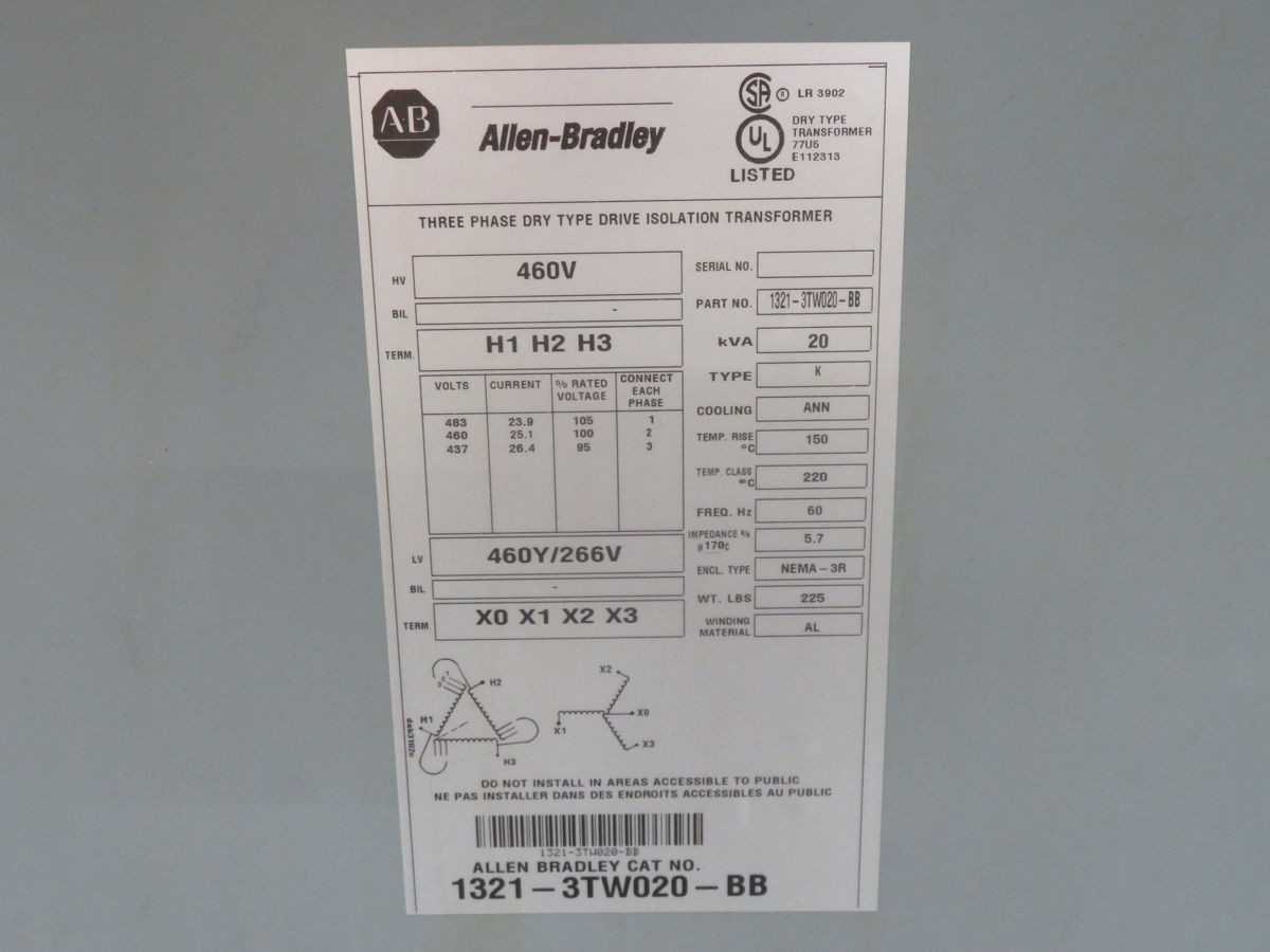 ALLEN BRADLEY 1321-3TW020-BB THREE PHASE DRY TYPE DRIVE ISOLATION TRANSFORMER T251903 - CONTROL TRANSFORMERS