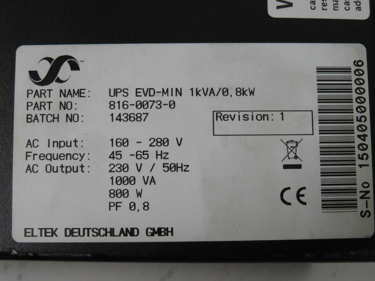 Eltek 816-0073-0 Rev 1 UPS EVD-MIN 1kVA/800W Unit T175474 - POWER SUPPLIES