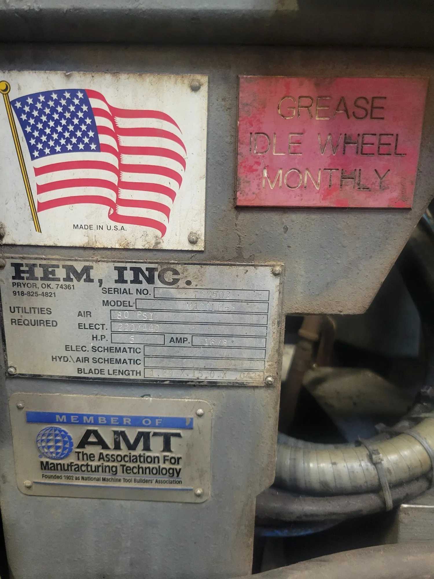 2002 HEM V100LM-3 Vertical Mitering Bandsaw, 5 HP, 180" Blade Length - VERTICAL BAND SAWS