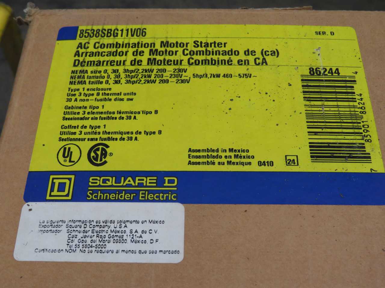 SQUARE D 8538SBG11V06 AC COMBINATION MOTOR STARTER 30A TYPE 1 200-230 V T185069 - MISCELLANEOUS