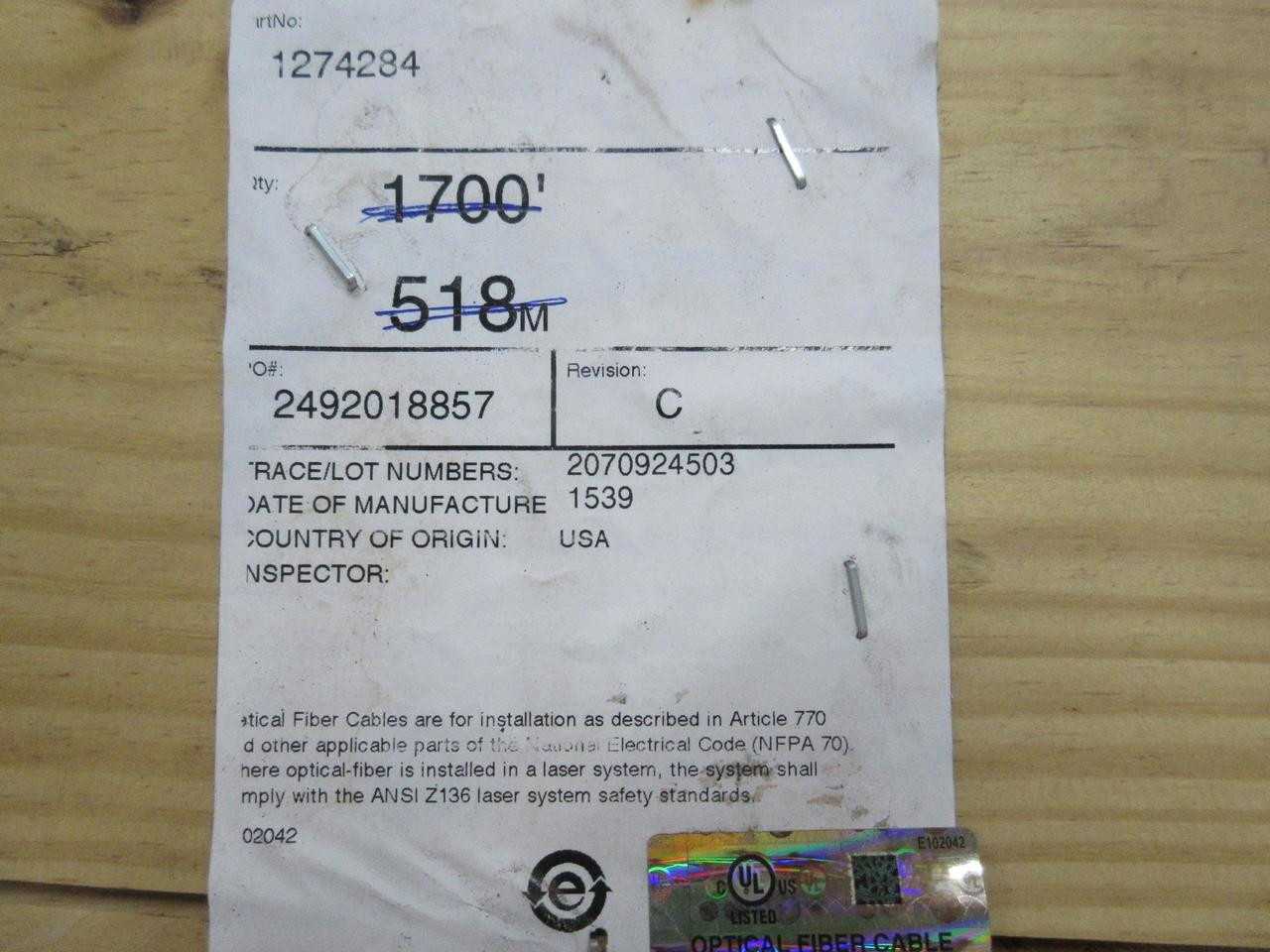 ADC 1274284 E102042-OFN-FT4 103753189-01 REV C 1650 FT SINGLE MODE FIBER OPTIC CABLE 48 FIBER T10129 - FIBER OPTIC CABLE