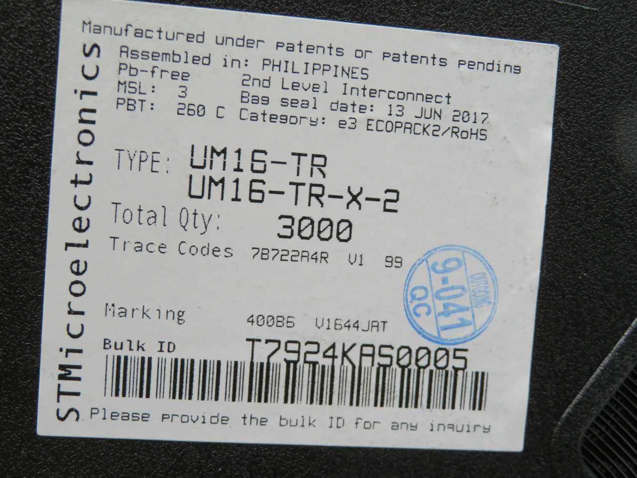 LOT OF 290 UM16-TR UM16-TR-X-2 STMICROELECTRONICS CODES 7B722A4R V1 99 T190809 - SEALS