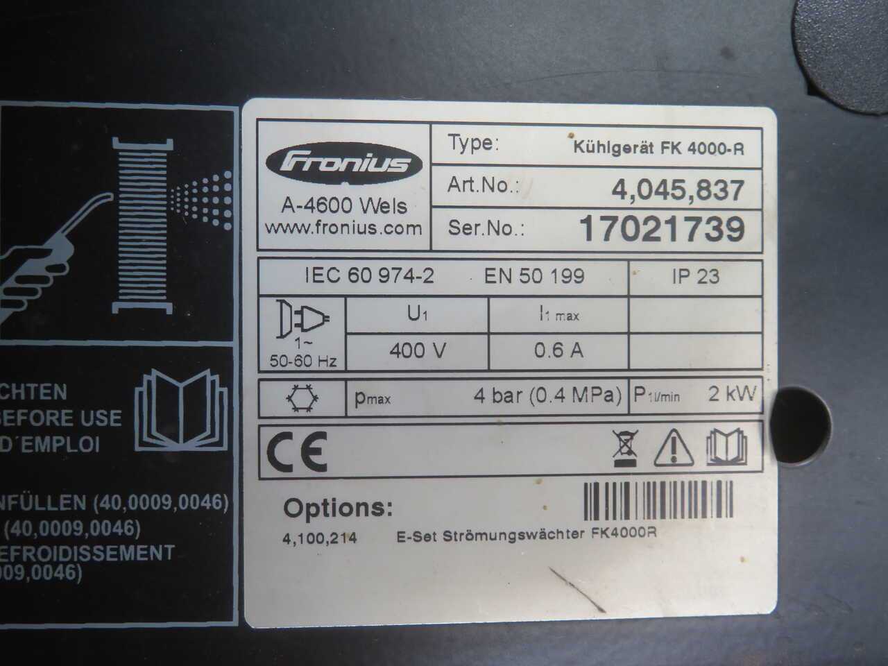 FRONIUS 4,045,837 FK 4000-R WATER-COOLING UNIT 400V 50-60HZ 2KW 4BAR 0.6A - ROBOT PARTS