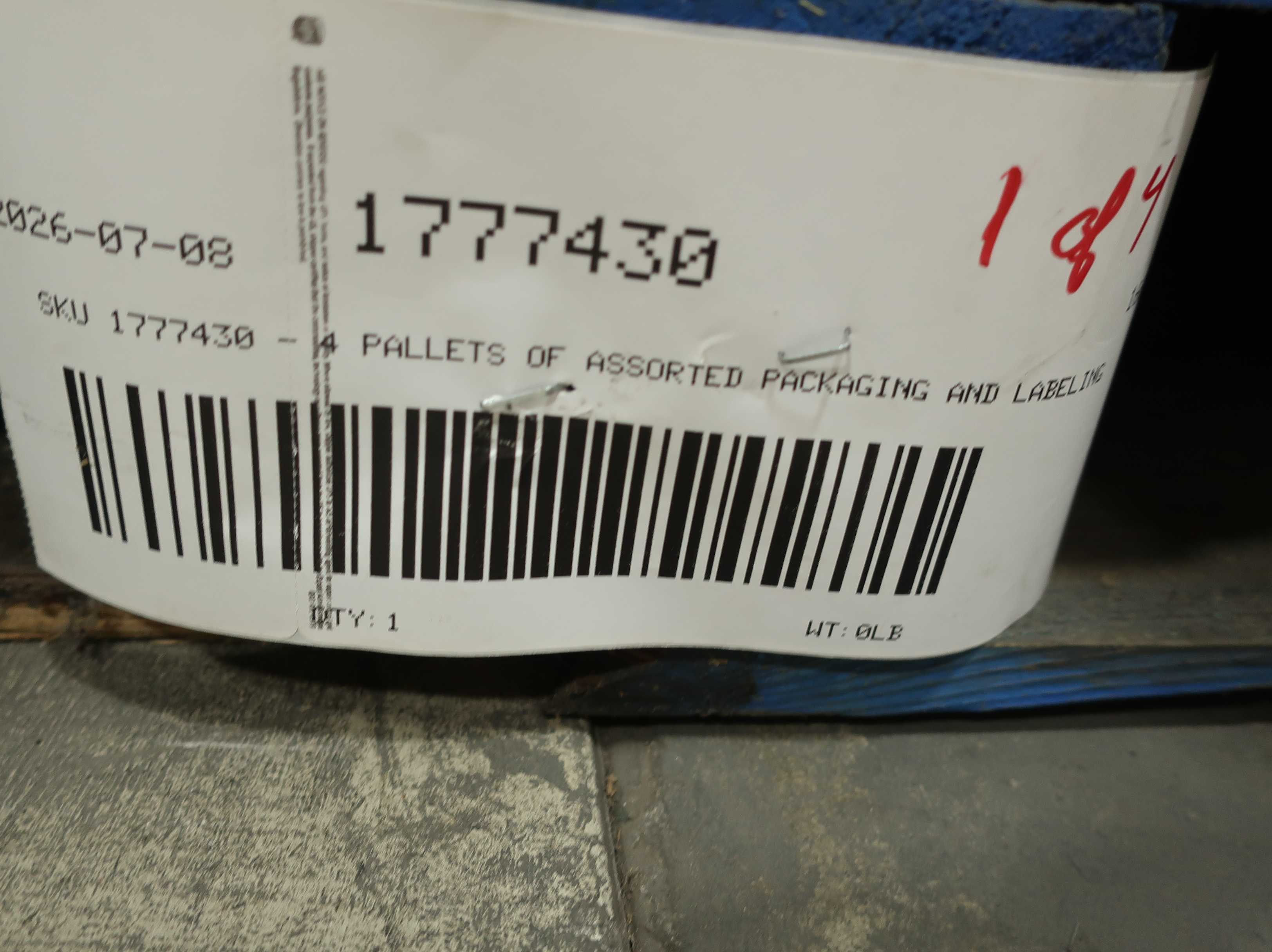 SKU 1777430 - 4 PALLETS OF ASSORTED PACKAGING AND LABELING - PACKAGING