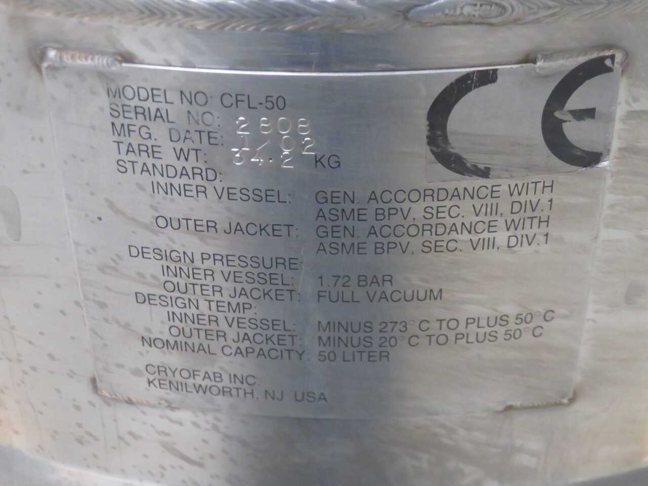 CRYOFAB CFL-50 LIQUID NITROGEN TANK PRESSURE VESSEL CONTAINER - TANKS
