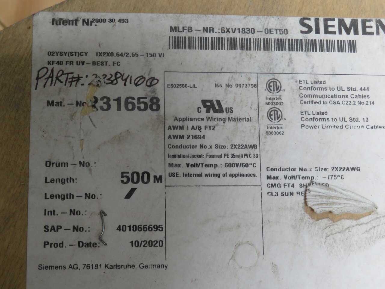 LOT OF 500 FT SIEMENS 6XV1830-0ET50 PROFIBUS FC STANDARD BUS CABLE - ELECTRICAL WIRE