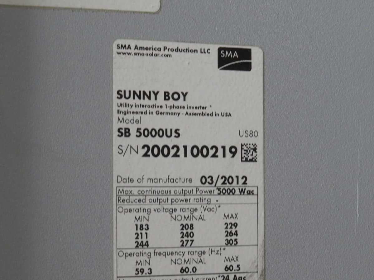SMA SB 5000US INVERTER 600V 250-480 VDC T192519 - POWER INVERTERS