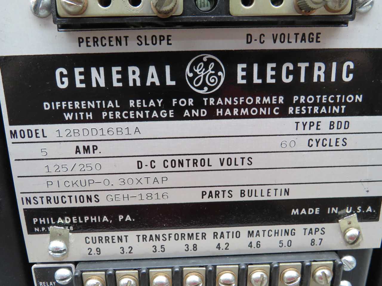 GE 12BDD16B1A Differential Relay Transformer Protection With Harmonic Restraint - ELECTRICAL COMPONENTS