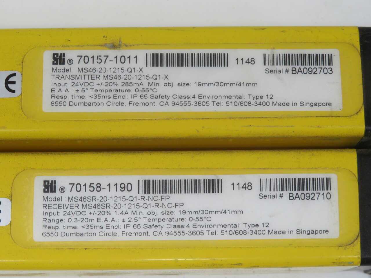 STI MS46-20-1215-Q1-X MS46SR-20-1215-Q1-R-NC-FP LIGHT CURTAIN TRANSMITTER RECEIVER PAIR - INDUSTRIAL PARTS