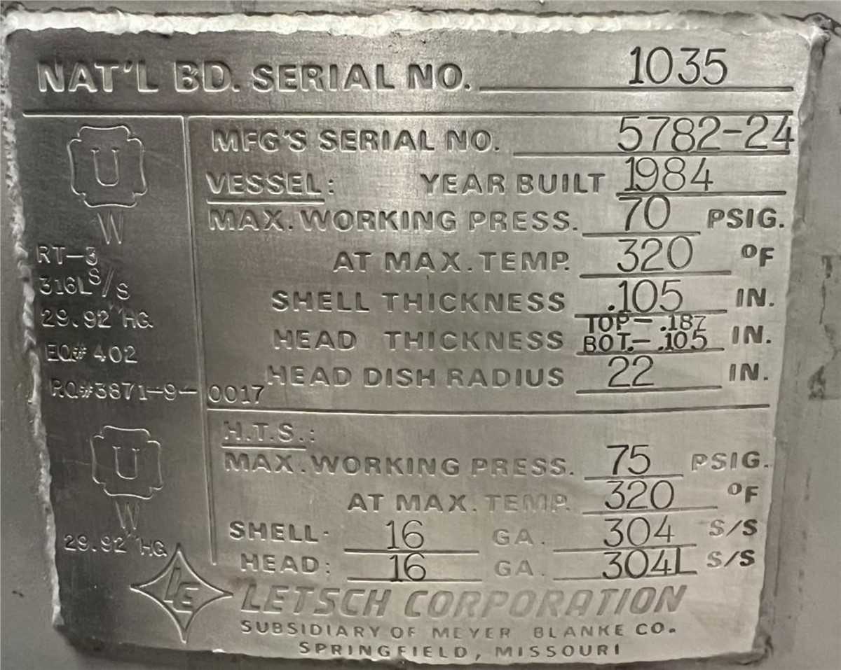 1984 Letsche Corporation 188 L Reactor, 304 Stainless Steel - REACTORS