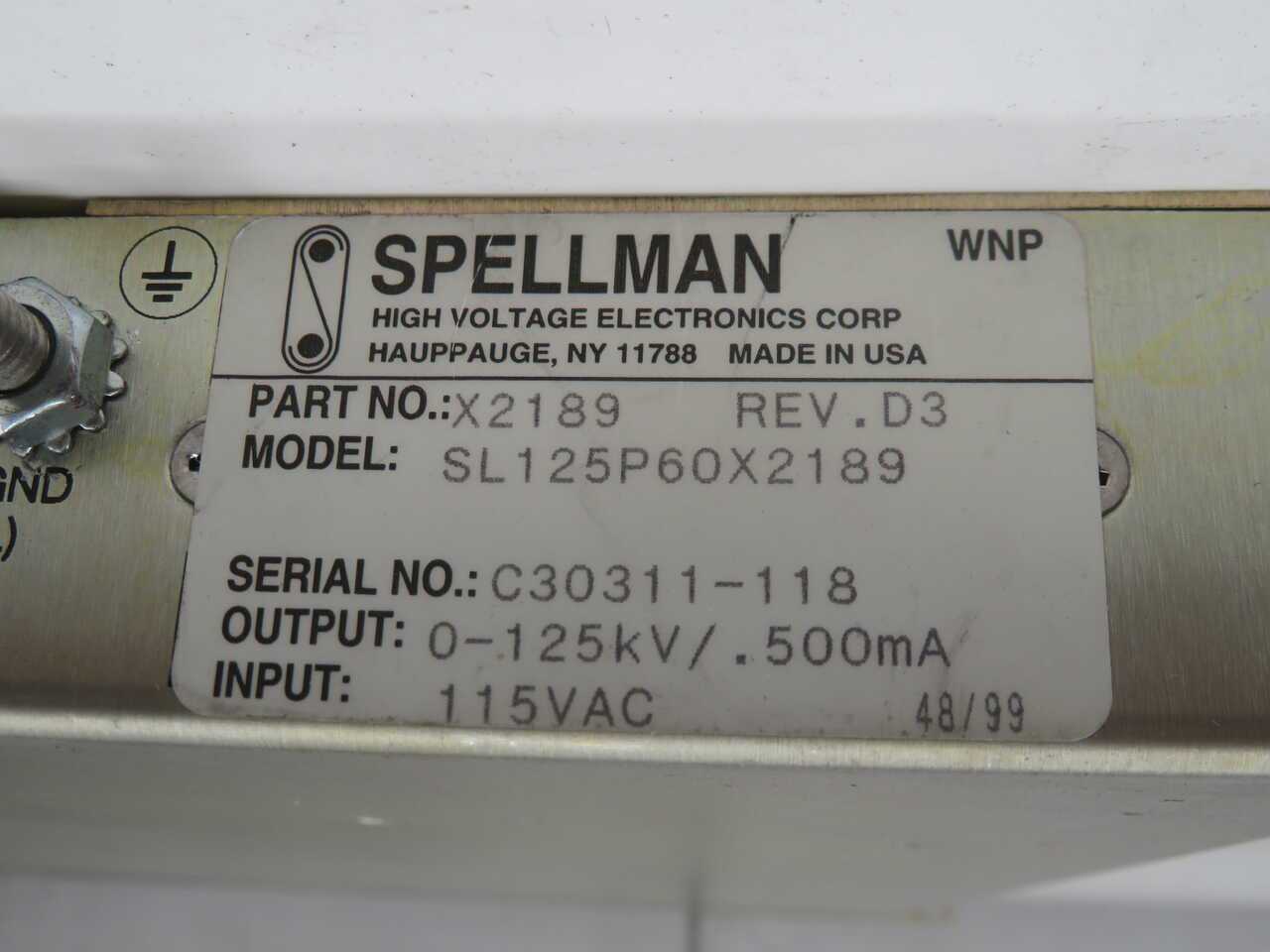 SPELLMAN SL125P60X2189 POWER SUPPLY 115VAC 500MA 0-125KV - MOTOR DRIVES