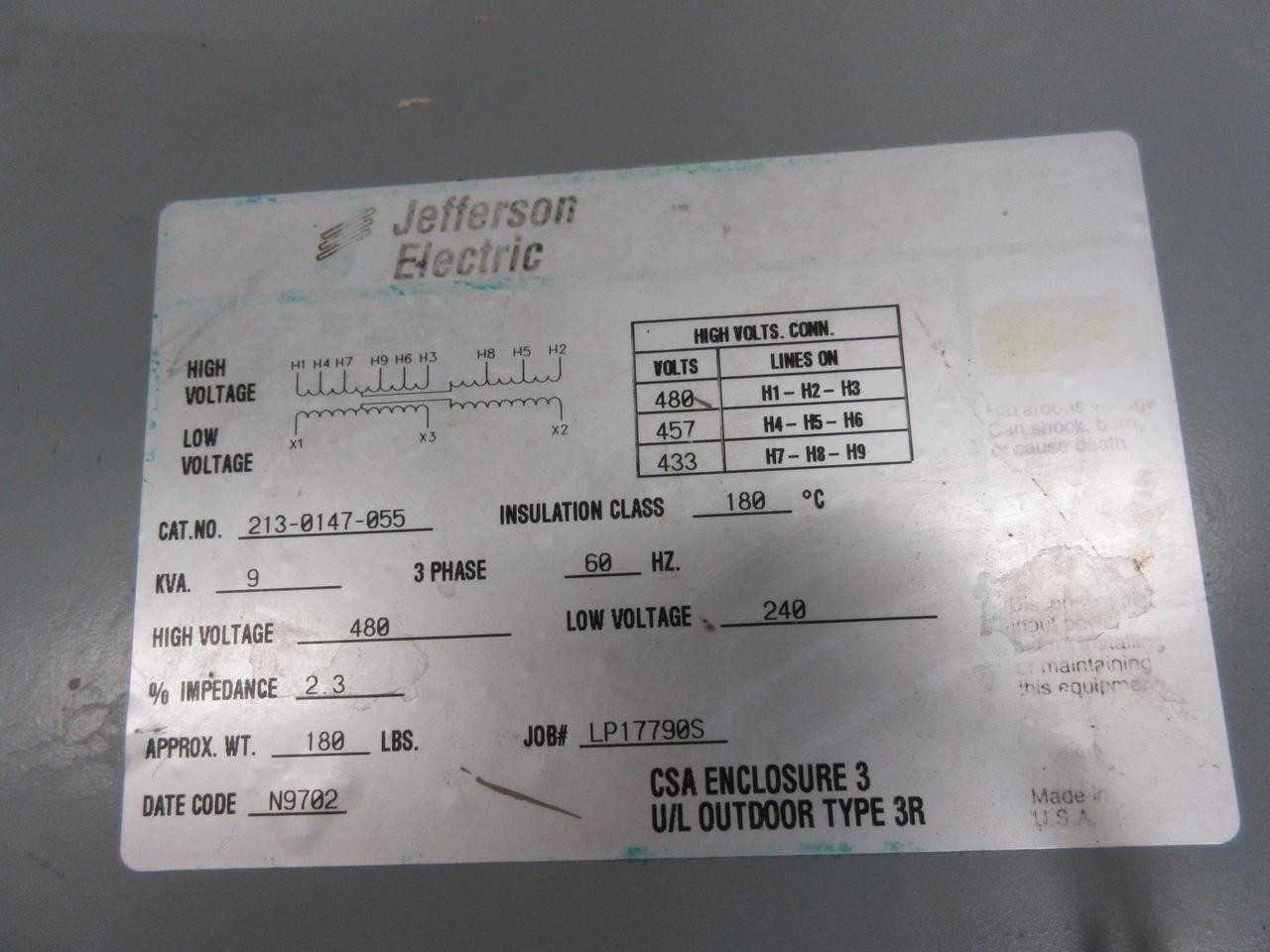 JEFFERSON ELECTRIC 213-0147-055 TRANSFORMER 9 KVA 3 PH T96189 - POWER TRANSFORMERS