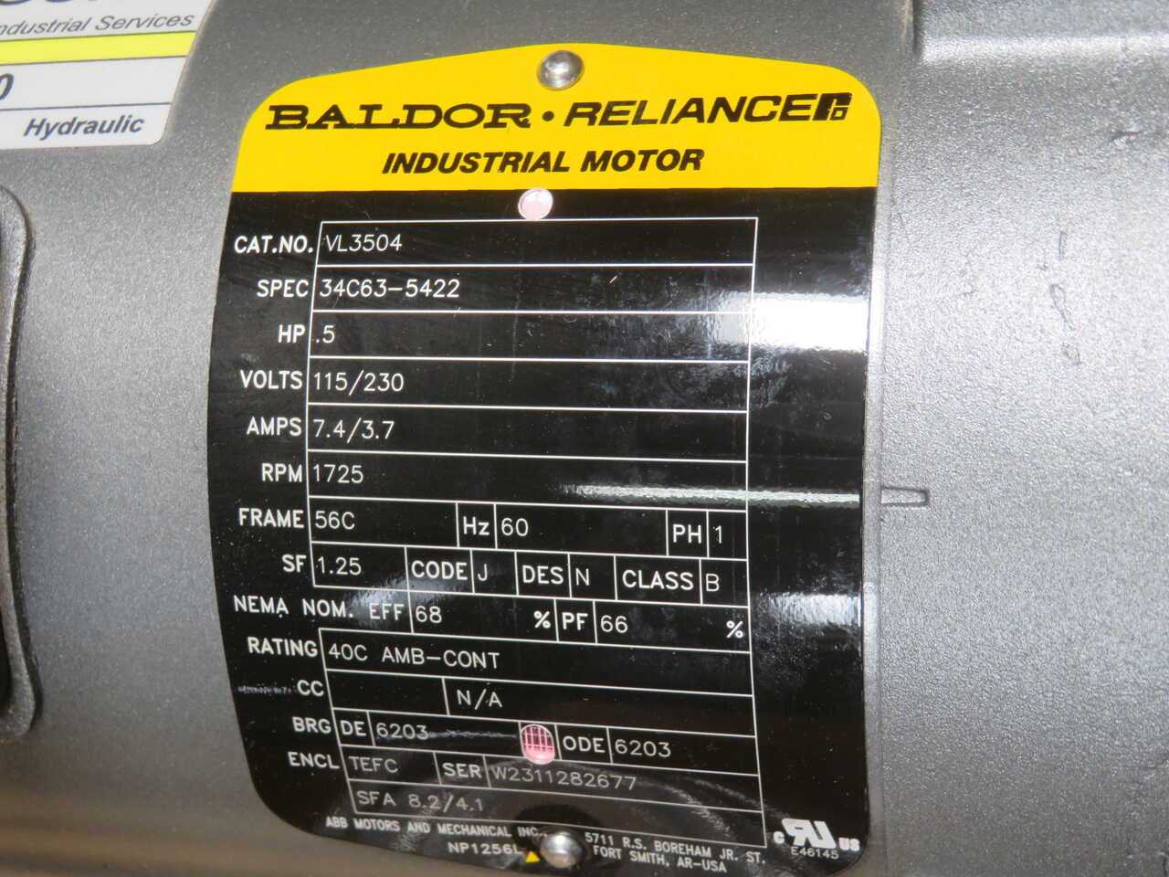 BALDOR VL3504 34C63-5422 1/2 HP, 1725 RPM, SINGLE-PHASE TEFC C-FACE MOTOR - AC MOTOR