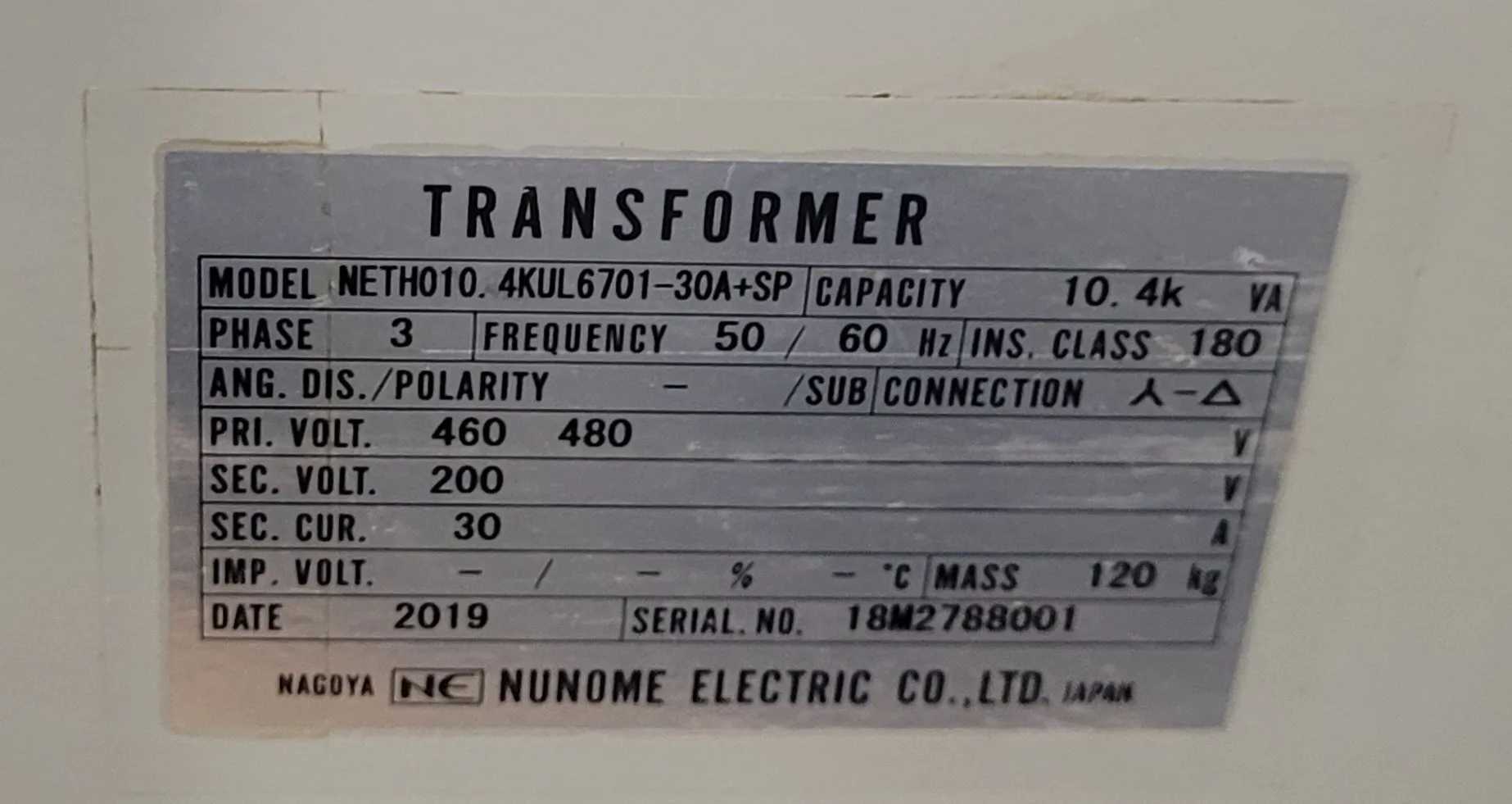 2019 NAGOYA 10.4 KVA DRY TRANSFORMER - 200V AC, 3 PHASE, 460-480V PRIMARY - DRY TRANSFORMERS