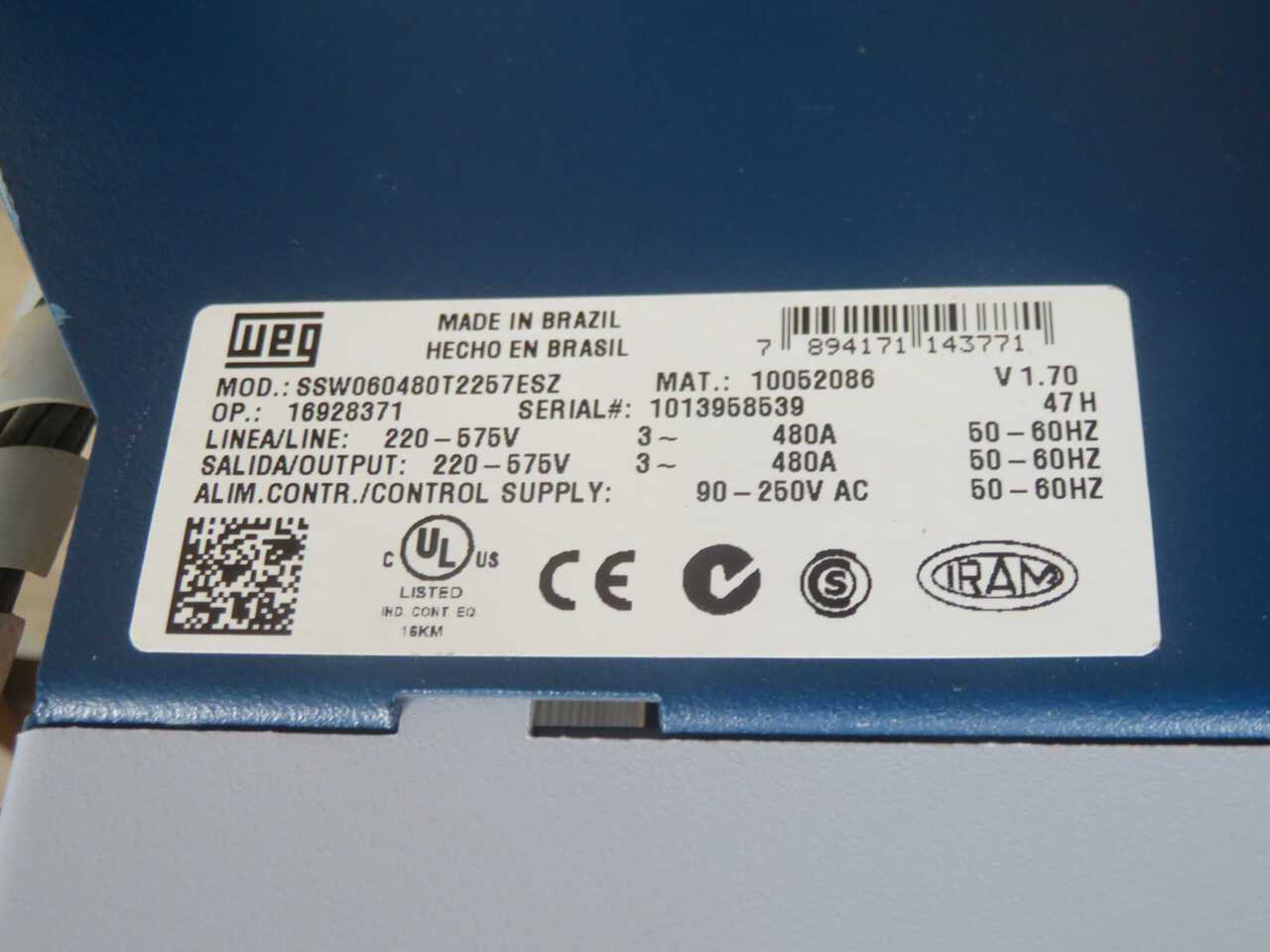 WEG SSW060480T2257ESZ SOFT STARTER, 220-575V 3PH INPUT V, 480A RATED A, 400HP MOTOR HP - MOTOR STARTERS