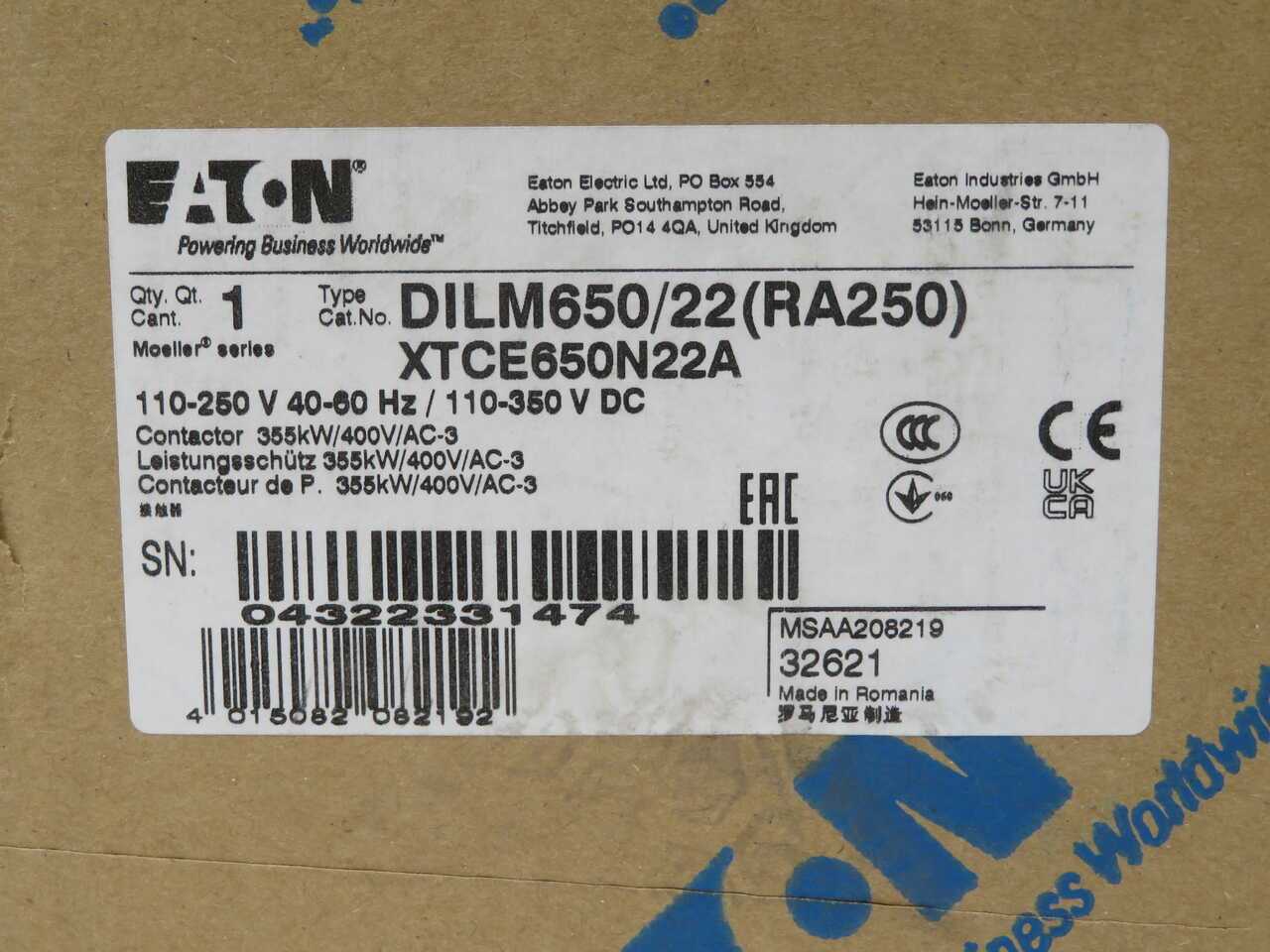 EATON DILM650/22(RA250) XTCE650N22A 650A FRAME N IEC POWER CONTACTOR - CONTACTORS