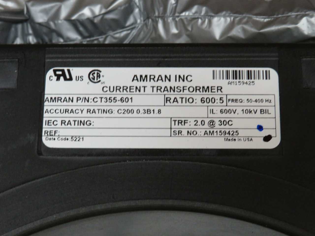 Amran CT355-601 Current Transformer 600:5 600 V T189767 - POWER TRANSFORMERS