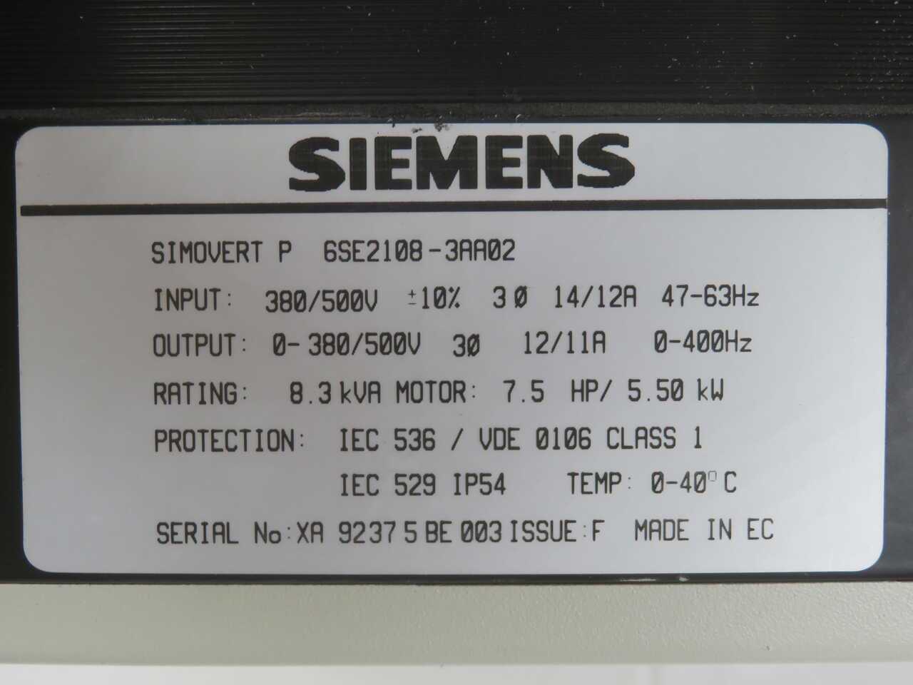SIEMENS 6SE2108-3AA02 SERVO DRIVE T272370 - SERVO MOTORS