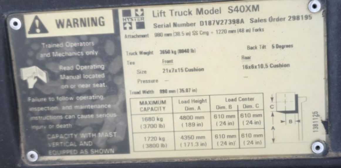 HYSTER S40XM 02 LPG FORKLIFT - 3800 LB CAPACITY, 189" MAX HEIGHT, 80K MILEAGE - SIT-DOWN FORKLIFTS