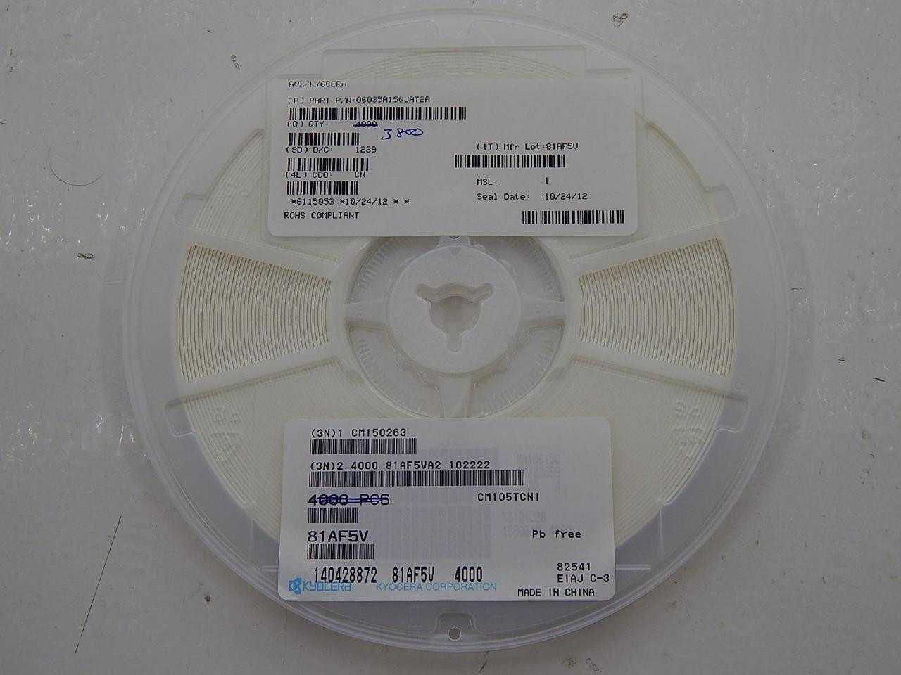 LOT OF 3800 KYOCERA CM150263 06035A150JAT2A MULTILAYER CERAMIC CAPACITORS MLCC - SMD/SMT 50V 15PF C0 - ELECTRICAL COMPONENTS