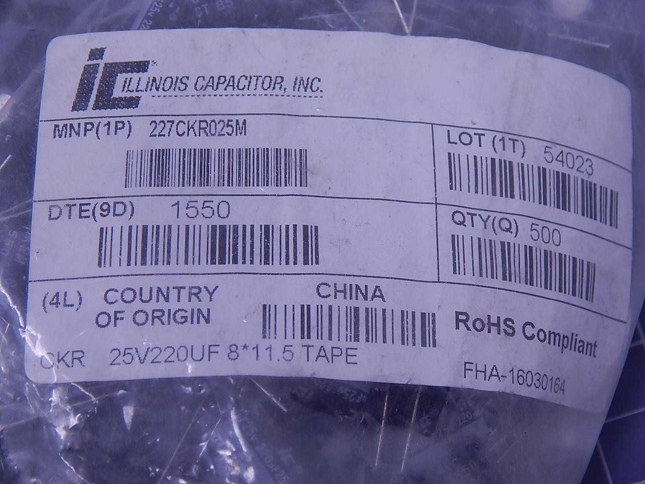 LOT OF 1900 ILLINOIS CAPACITOR 227CKR025M ALUMINUM ELECTROLYTIC CAPACITORS - LEADED 220 UF 25 V 20 % - ELECTRICAL COMPONENTS