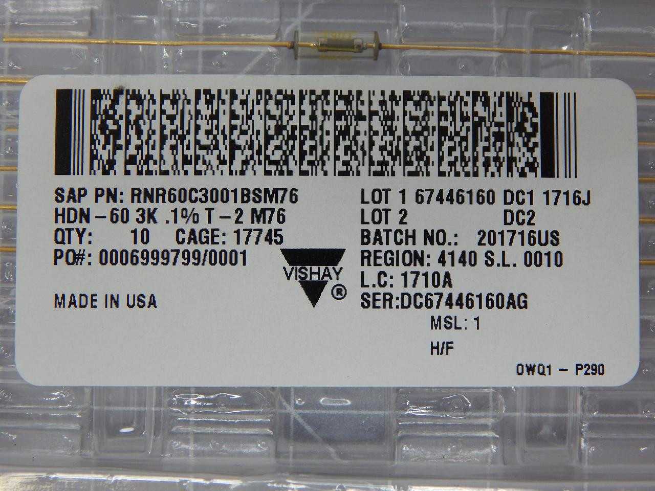 Lot Of 6 Vishay RNR60C3001BSM76 Res Metal Film Resistors - ELECTRICAL COMPONENTS