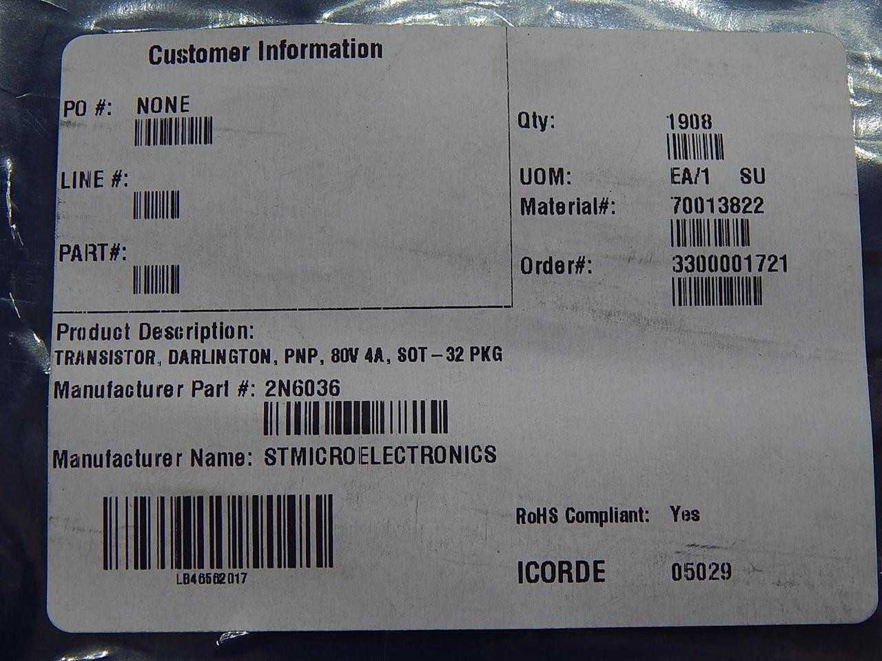 Lot Of 1900 STMicroelectronics 2N6036 PNP Darlington Transistors 80V 4A T88566 - ELECTRONIC COMPONENTS