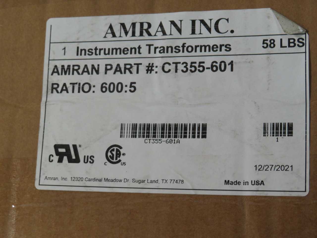 Amran CT355-601 Current Transformer 600:5 600 V T189767 - POWER TRANSFORMERS