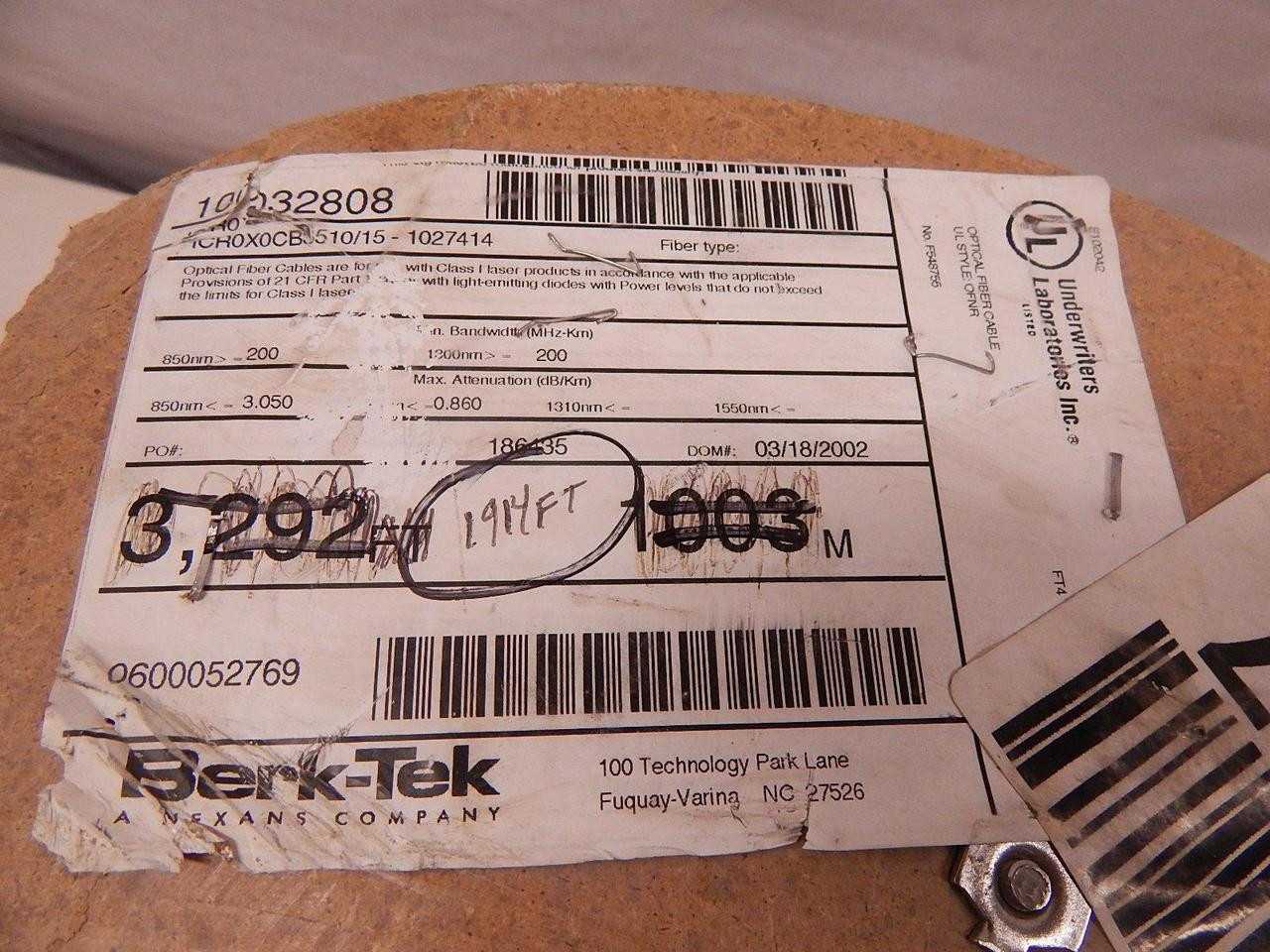 BER TEK ICR0X0CB5510/15-1027414 OPTICAL FIBER CABLE 1914 FT T81415 - FIBER OPTIC CABLE