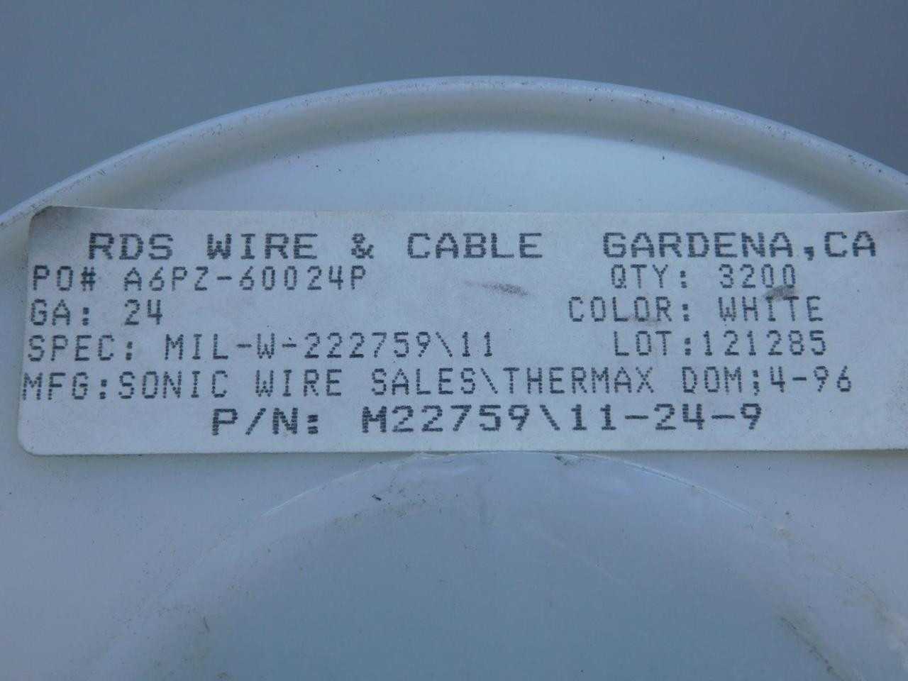 Lot Of 3000 Ft Sonic A6PZ-60024P White Hook-Up Wire 24 Ga MIL-W-222759/11 - ELECTRICAL WIRE