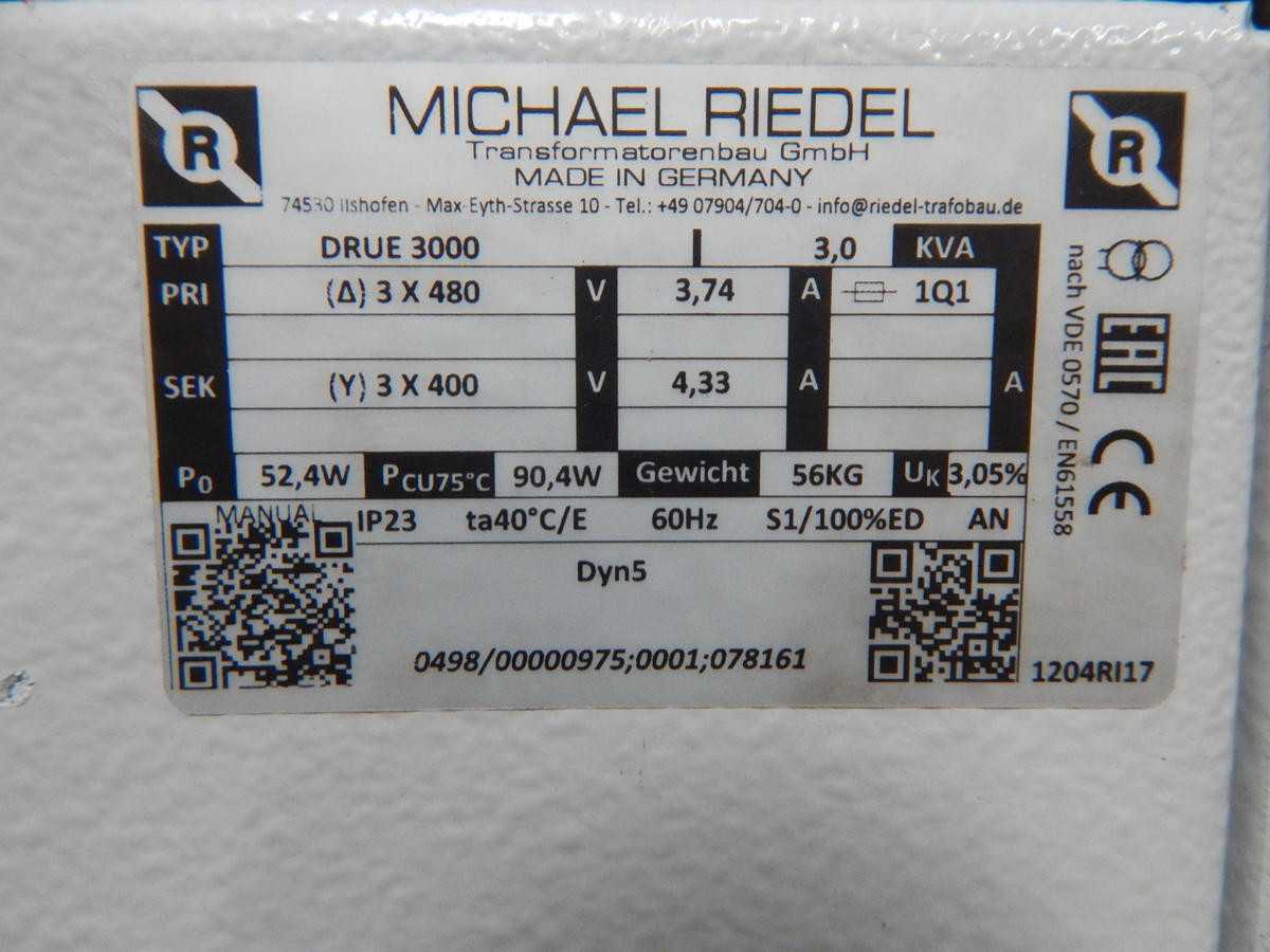 MICHAEL RIEDEL DRUE 3000 TRANSFORMER 3.0 KVA,98 PRI 3 X 460 V, 4.0 A, SEK 3X 230 V, 7.53 A. M4237 - POWER TRANSFORMERS