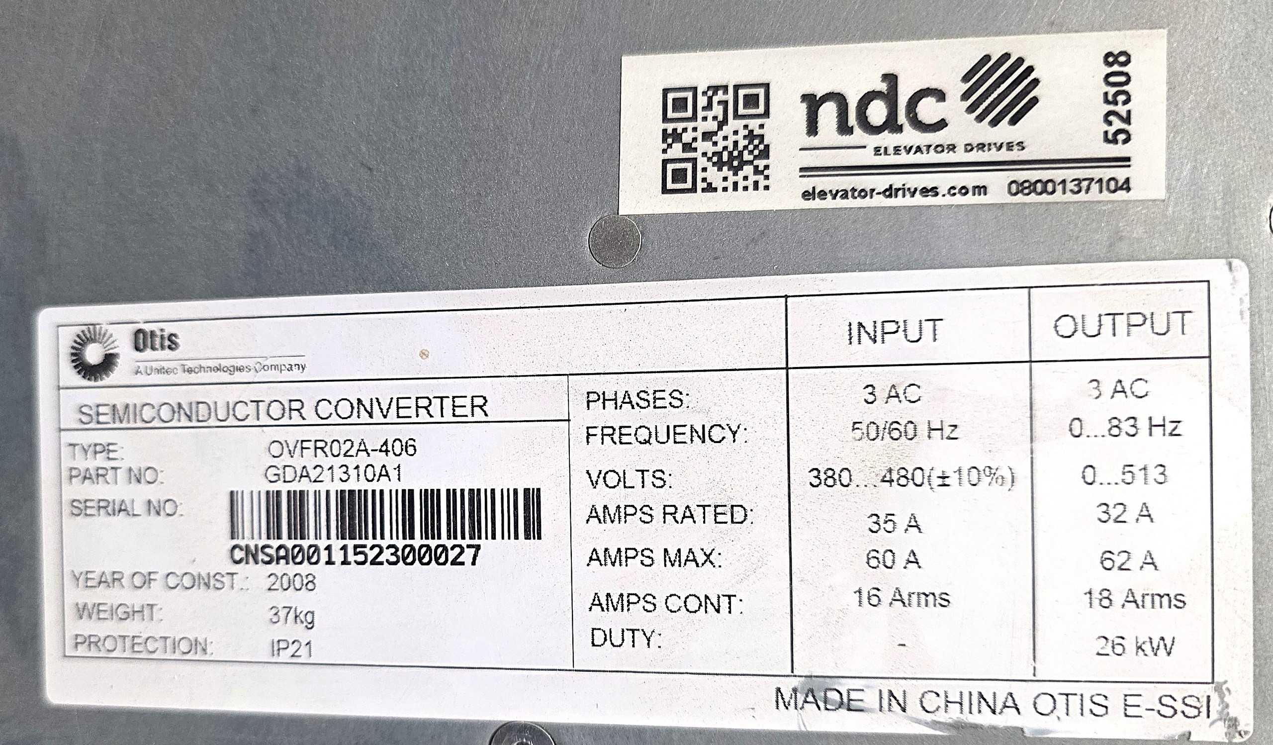 Otis OVFR02A-406 Inverters, 37 kW Power, 37-38 kg Weight, 380-480V Input - AC VFD DRIVES