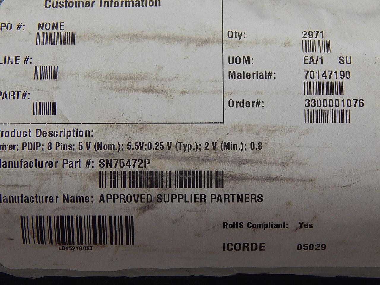 LOT OF 2950 TEXAS INSTRUMENTS SN75472P BUFFERS & LINE DRIVERS DUAL PERIPHERAL 8 PINS 5 V (NOM.) T886 - LINE FILTERS