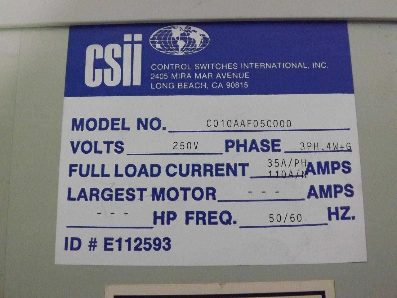 CSII CONTROL SWITCHES INTERNATIONAL C010AAF05C000 MAINTENANCE BYPASS CAM SWITCH 250 VOLT 3 PH - SWITCHES